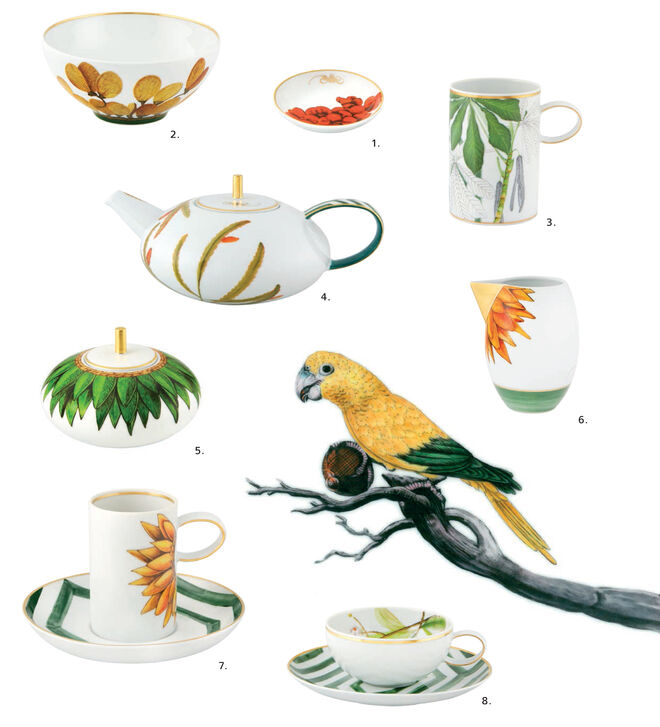 1. Prato Manteiga; 2. Taça Cereais; 3. Caneca; 4. Bule; 5. Açucareiro; 6. Leiteira; 7. Chávena Café com Pires; 8. Chávena Chá com Pires 