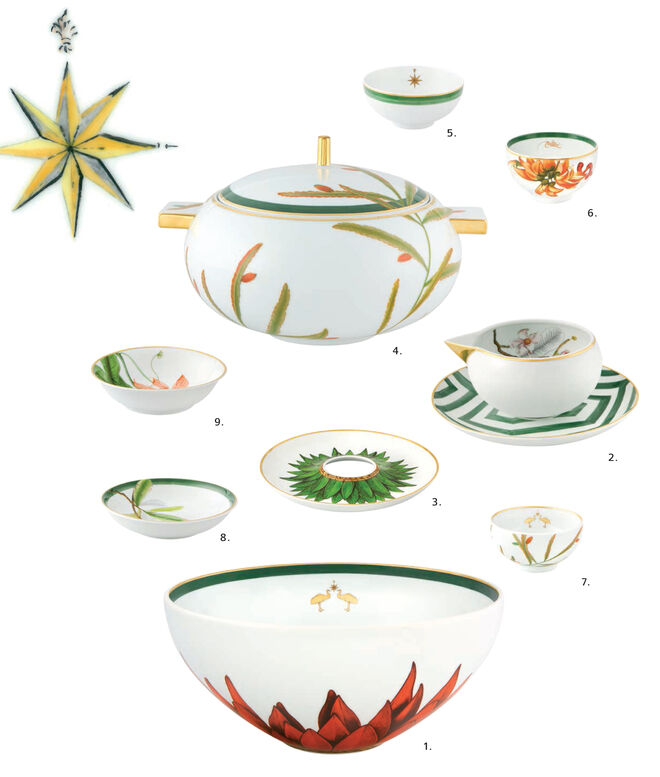 1. Saladeira; 2. Molheira com Prato; 3. Conserveira; 4. Terrina; 5. Taça Sopa; 6. Taça Arroz; 7. Taça Vegetais; 8. Taça Noodles; 9. Taça Fruta