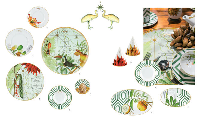 1. Prato XL;  2. Prato Marcador; 3. Prato Raso; 4. Prato Sopa; 5. Prato Sobremesa; 6. Prato Pão
1. Prato Pasta; 2. Travessa Oval Grande; 3. Travessa Oval Pequena; 4. Conjunto Saleiro & Pimenteiro