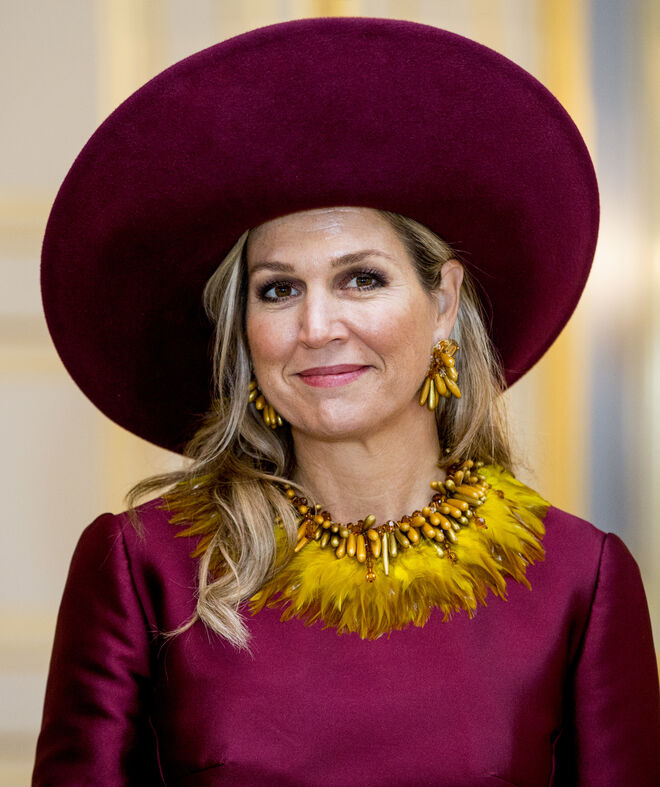 A rainha Máxima preparada para receber o presidente da Áustria, Alexander van der Bellen, e a mulher, Doris Schmidauer, no Palácio Noordeinde em Haia em novembro de 2018. 