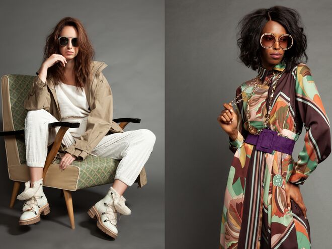 Styling e producão de moda: Maria Inês Leal | Botas: Lemon Jelly, Jardineiras: Miss Sixty, Óculos: Triângulo das Bermudas | Styling e produção de moda: Erika Rugiero | Óculos: Chloé, Colares: Produção, Vestido: Pooze, Cinto: Elisabetta Franchi, Botas. Ganesh