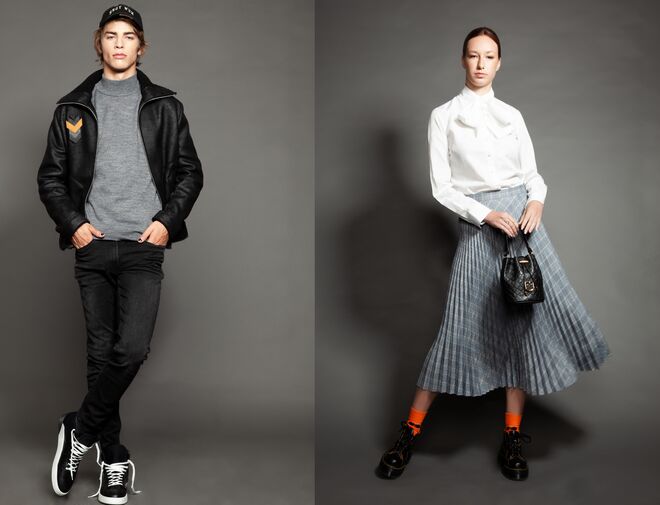 Styling e produção de moda: Karolline Calado | Casaco: Antony Morato, Camisola de gola alta: Giovanni Galli, Calças: Kiabi, Ténis: Levi's, Boné: NY New Era |  Styling e Produção de moda: Patrícia Justino | Camisa e Saia: Lions of Porches, Meias: Happy Socks, Bandolete: Wan Kianny, Mala: Furla, Anéis: Swarovski.