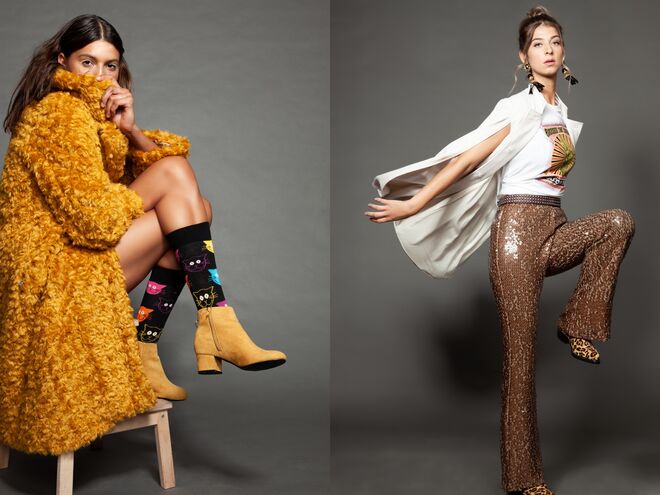Styling e produção de moda: Inês Gonçalves | Casaco amarelo: Relish, Meias: Happy Socks, Calças com lantejoulas: Relish, T-shirt: Volcom, Sapatos leopardo: Guioseppo, brincos pretos: A Outra Face da Lua