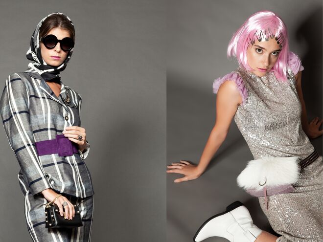 Styling e produção de moda: Marisa de la Fuente | Fato: Pooze, Cinto: Relish, Lenço: Hermès, Óculos: Bespoke Lisbon, Sapatos: Zara, Carteira e Acessórios: Produção | Styling e produção de moda: Carlota Beatriz | Vestido: Maria H, Botas: Buffalo, Mala: Menina e Moça.