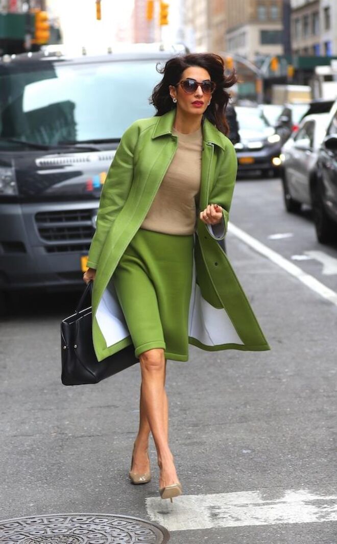 Amal Clooney, com um conjunto da Burberry, em Nova Iorque, a setembro de 2019