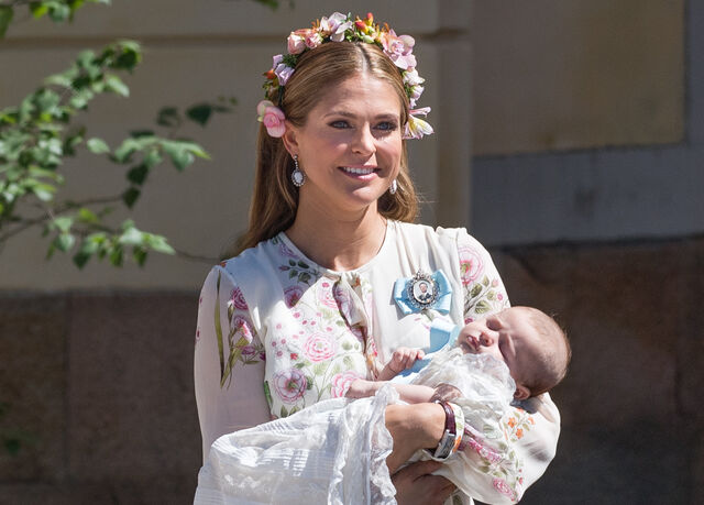 A princesa Madalena da Suécia no batizado da princesa Adrienne, em 2018.