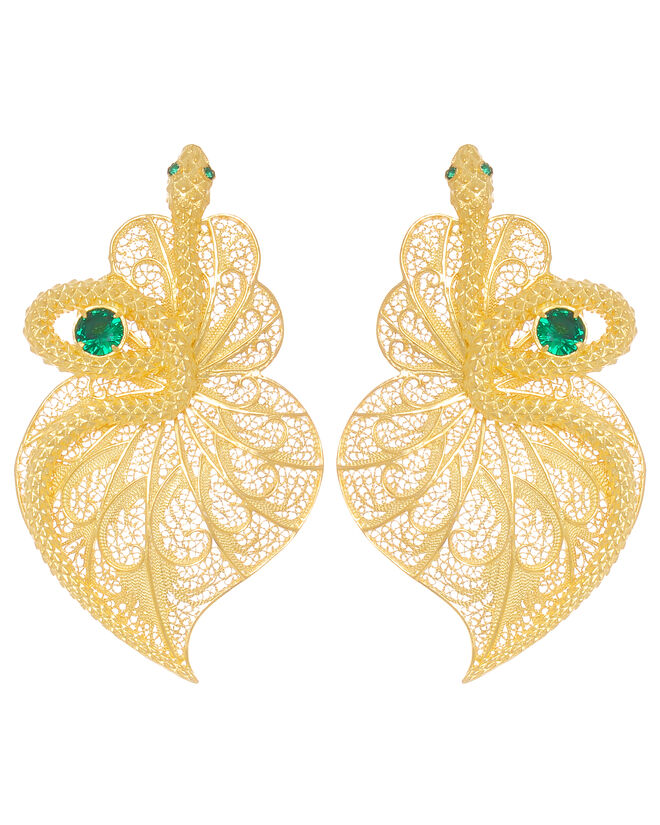 Brincos Coração Cobra Esmeralda em Prata Dourada, €330, Ana Moura X Portugal Jewels