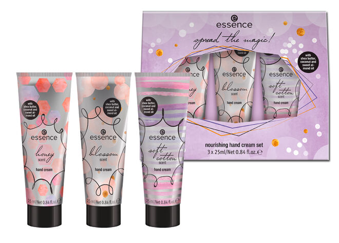 Spread the magic! Nourishing hand cream set com três cremes de mão enriquecidos com manteiga de karité, óleo de coco, óleo de amêndoa e vitamina E, €4,19, essence