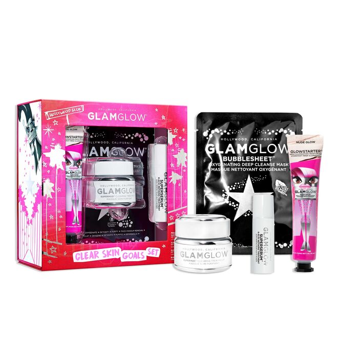 CLEAR SKIN GOALS Christmas Set, inclui SUPERSERUM (10 ml), GLOWSTARTER Paint Tube (30 g), BUBBLESHEET (1 unidade) e SUPERMUD (30 g), €59, Glamglow, exclusivo na Perfumes & Companhia