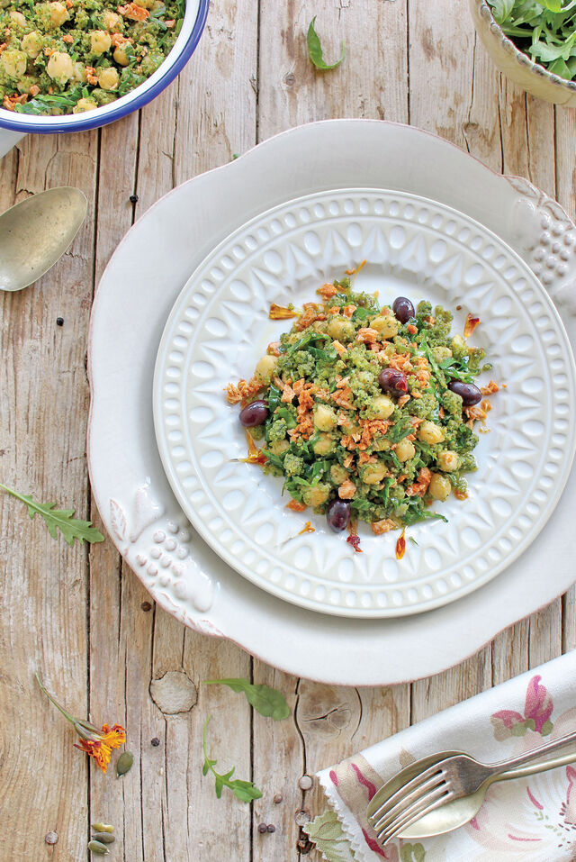Receita de migas vegan de grão com chouriço.