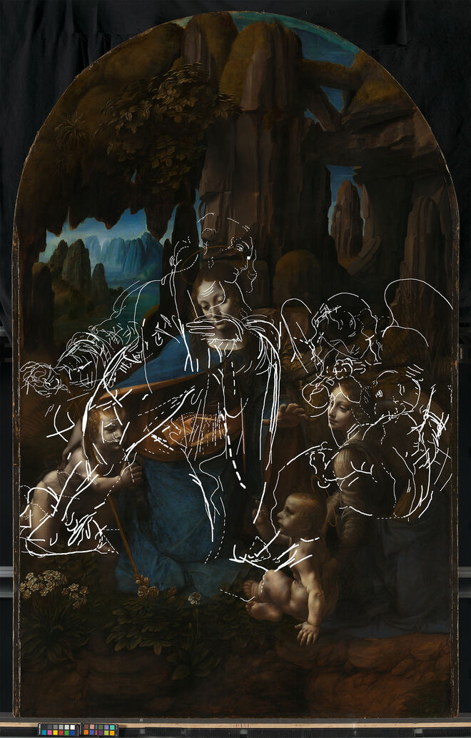 
Virgin of the Rocks, traçado de linhas relativo à primeira composição e incorporando informação de todas as imagens técnicas, Leonardo da Vinci.