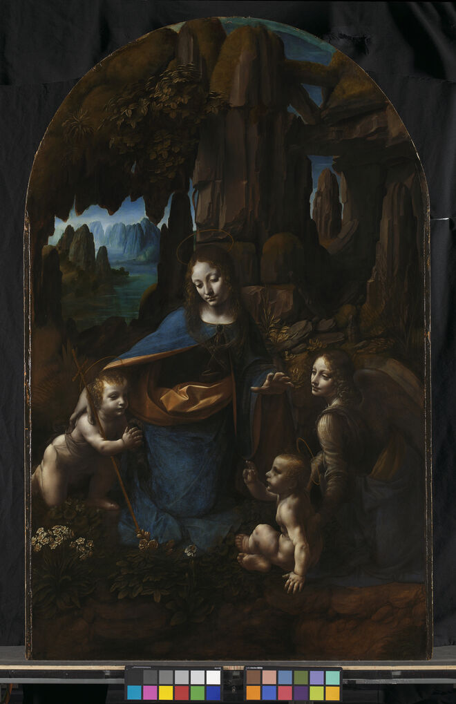 The Virgin with the Infant Saint John the Baptist adoring the Christ Child accompanied by an Angel ('The Virgin of the Rocks'), Leonardo da Vinci, de cerca de 1491/2-9 e 1506-8.