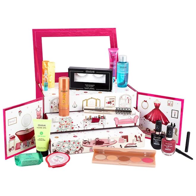 Calendário do Advento Luxury, €44,95, Douglas | inclui: um rímel Exception'eyes (preto / 9 g), 1  Vernis de unhas  Stay + Care em uma cor surpresa (10 ml), um bálsamo de lábios Surprising Balm, um mini vaporizador de perfume, um concentrado autobronzeador Douglas Sun (30 ml), uma ampola Perfect Focus  (1,5 ml), uma máscara Douglas Essential Anti-ageing Mask (12 ml), uma pastilha de banho efervescente Douglas Home Spa Breath Of Amazonia (24 g), um lápis de lábios  Ultimate Long Liner "Velvet Plum", creme Perfect Focus Energising Day Cream (20 ml) ou máscara  Perfect Focus Energizing Radiance Mask (15 ml), uma ampola Clear Focus Purifying (1,5 ml), uma máscara hidratante Aqua Focus (5 ml), um vernis Stay + Care em uma cor surpresa (10 ml), um Age Focus Instant Wrinkle Filler (15 ml), uma pastilha de banho efervescente Seathalasso Douglas Home Spa (24 g), um desmaquilhante de olhos Douglas Essential (50 ml), uma água micelar Douglas Essential (50 ml), um tónico Aqua Focus (15 ml), um creme para as mãos Spirit of Asia Douglas Home Spa (30 ml), um par de pestanas postiças, um Liquid Lipstick in “Lip Mat Helen Of Troy” (2,5 ml), uma palette My Glow Palette - Face & Cheek Highlighters