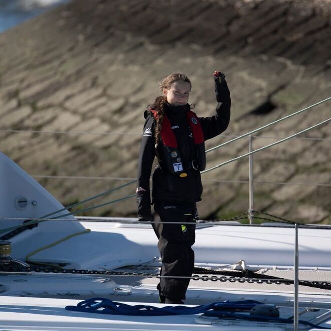 Greta Thunberg à chegada às docas de S. Amaro, em Lisboa