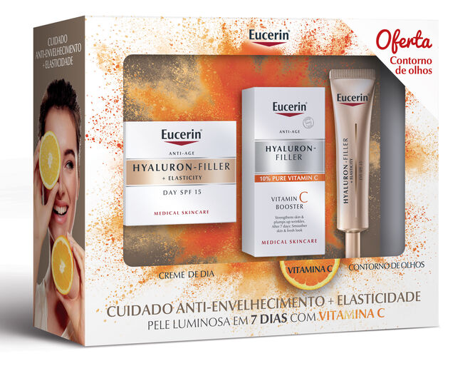Pack Eucerin Hyaluron-Filler + Elasticity Dia + Hyaluron-Filler Vitamina C Booster com oferta de Eucerin Hyaluron-Filler + Elasticity Contorno de Olhos, €50,53, Eucerin