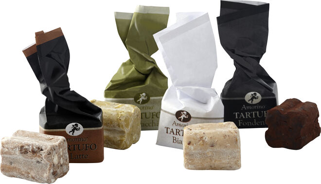 Trufas de chocolate Al Latte (Chocolate de Leite) ou Fondente (Chocolate Negro), €1 a unidade, €3,50 pack com 4 ou €8,90 a caixa com 10, Amorino