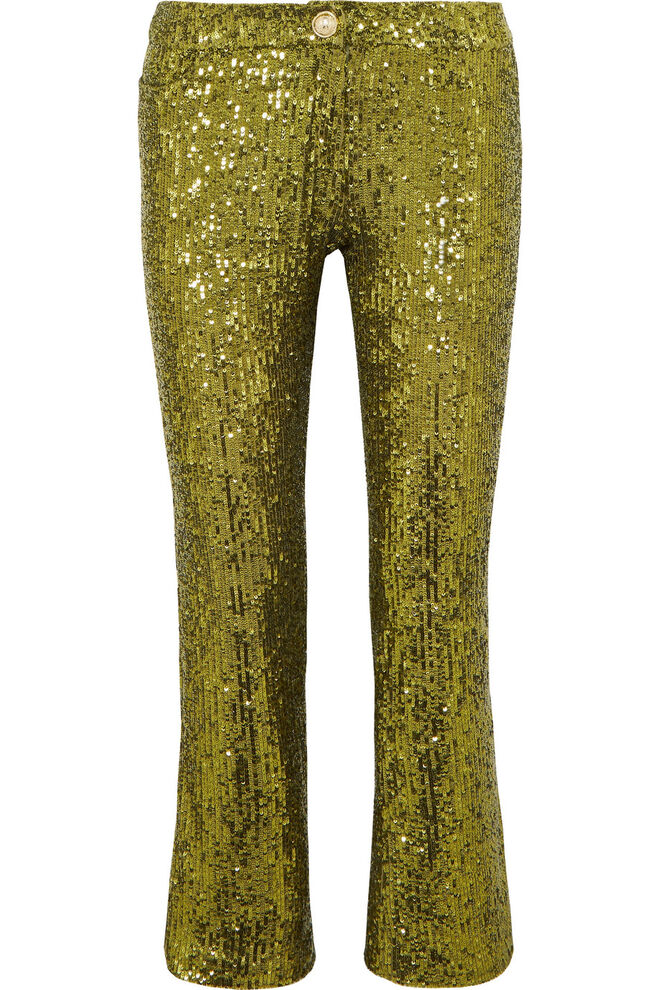 Calças em lantejoulas, €1490, Balmain, em net-a-porter.com