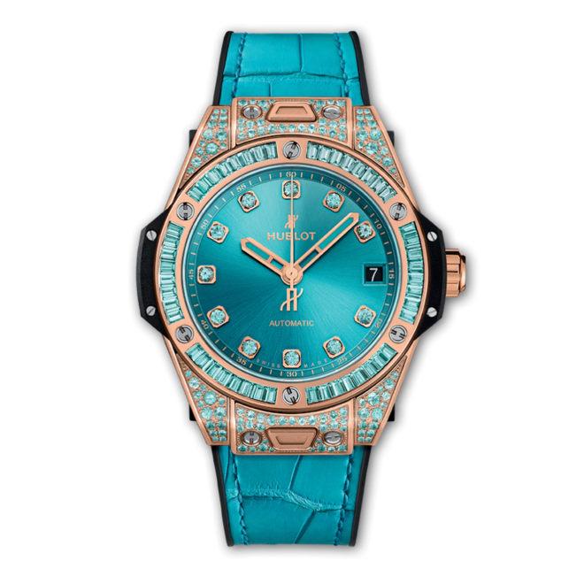 Relógio One Click King Gold Paraiba em ouro com turmalinas e pele, Hublot (preço sob consulta)