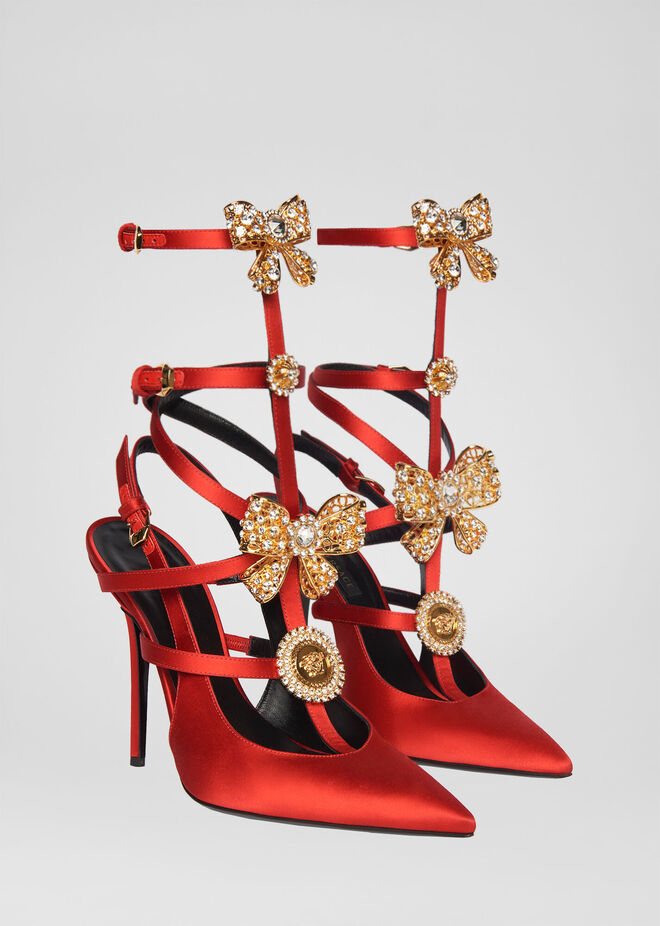 Hot - Requinte / Sapatos V-Bow Cage em cetim com cristais, Versace
