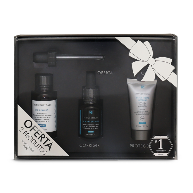 Coffret de Natal inclui um CE Ferulic, cuidado  antioxidante triplo de alta concentração com vitaminas C e E e ácido ferúlico para maximizar os efeitos antioxidantes, um H.A. Intensifier 15 ml, sérum multifunções para ajudar a aumentar os níveis de ácido hialurónico na pele, e um Ultra Facial UV Defense 15ml, protetor solar hidratante de largo espectro UVA/UVB, €149,30, SkinCeuticals