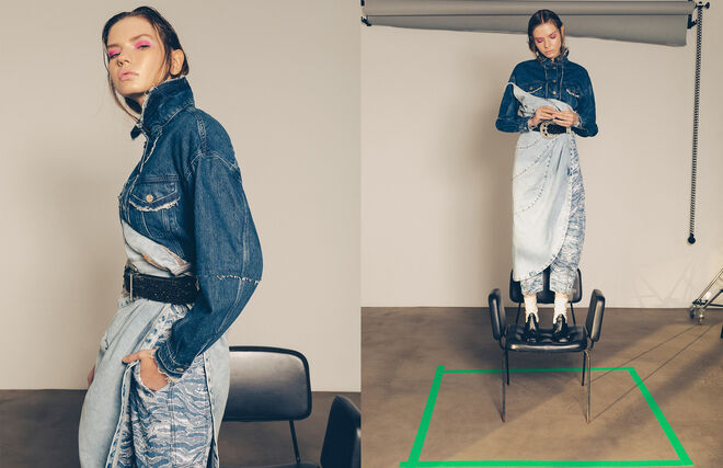 Casaco de ganga Dua Lipa x Pepe Jeans. Vestido e jeans Just Cavalli. Botas Mango. Cinto da produção. 