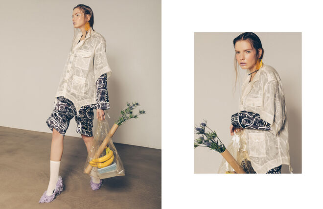 Camisa Dino Alves. Camisa interior e calções, Patrick Church. Brincos, Carol From Lisbon. Meias, Calzedonia. Sapatos, Constança Entrudo.