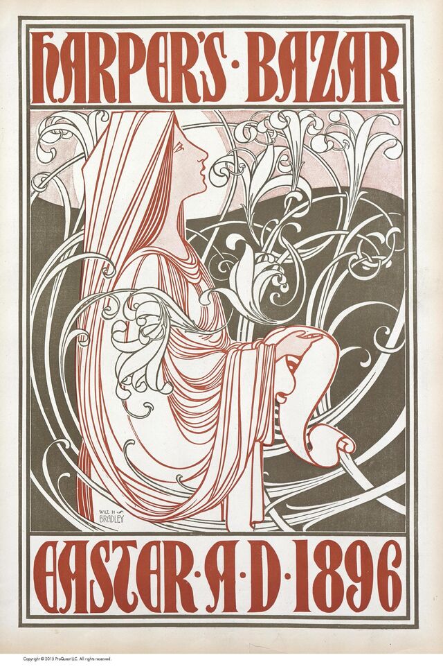 Capa da revista Harper’s Bazaar, março de 1896 com um desenho de William H. Broadley. Na exposição Harper’s Bazaar: First in Fashion, no Museu das Artes Decorativas, em Paris.