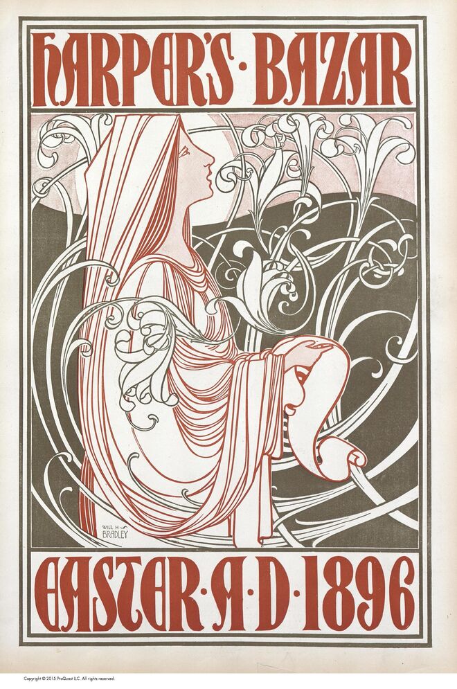 Capa da revista Harper’s Bazaar, março de 1896 com um desenho de William H. Broadley. Na exposição Harper’s Bazaar: First in Fashion, no Museu das Artes Decorativas, em Paris.