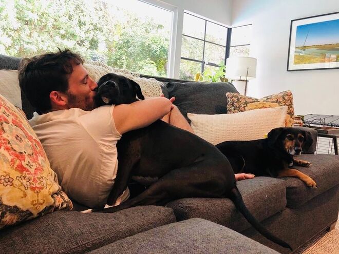 O ator britânico Sam Claflin partilhou uma imagem do período de isolamento com os seus cães