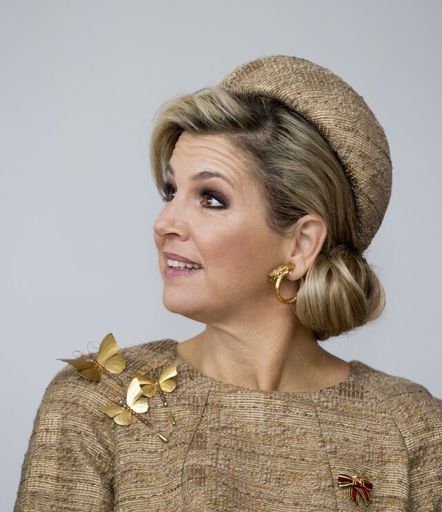 A rainha Máxima da Holanda com pregadeiras inspiradas em borboletas, com design estilizado e cor dourada. 