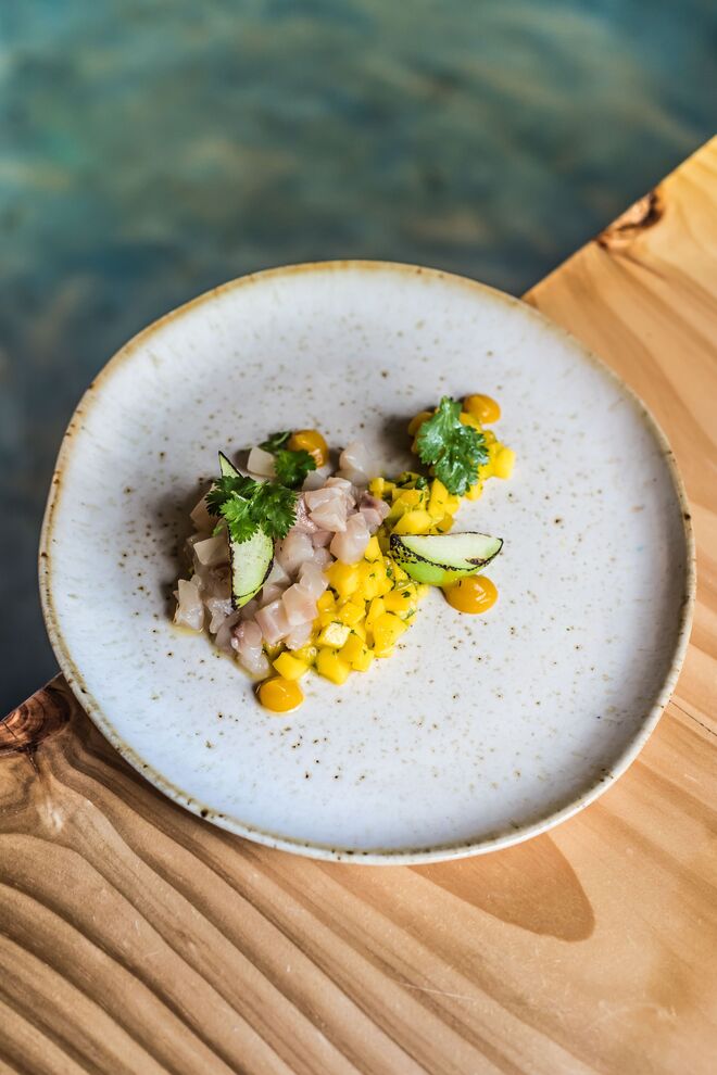 Tártaro de dourada com picado de manga, gelado de maracujá e chuchu braseado, €18,50