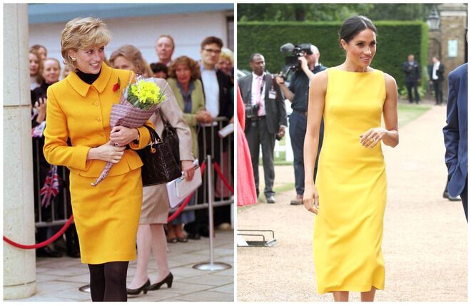 A princesa Diana em Versace, numa visita a Liverpool, a 7 de novembro de 1995; Meghan Markle em Londres, a 5 de julho de 2018