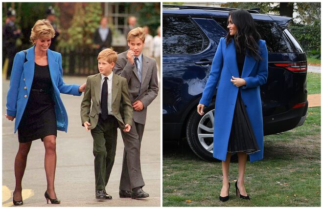 Diana com os filhos Harry e William em setembro de 1995; Meghan Markle em Londres, a 20 de setembro de 2018