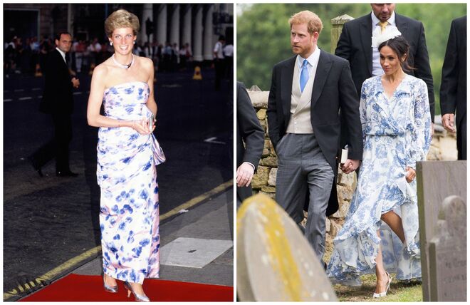 Diana na Royal Opera House, em Londres, a 12 de janeiro de 1989; Meghan num vestido Oscar de la Renta para o casamento da sobrinha de Diana, Celia McCorquodale, em 2018