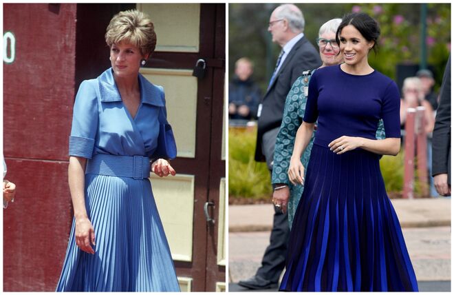 A princesa Diana no Egito, em 1992, e Meghan na Nova Zelândia em 2018
