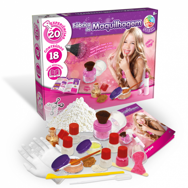 Fábrica de Maquilhagem, inclui 20 experiências, entre produzir sombras de olhos e blush para te maquilhares e fazer fantásticos batons caseiros. Dermatologicamente testado, €19,99, Science4you, em www.brinquedos.science4you.pt