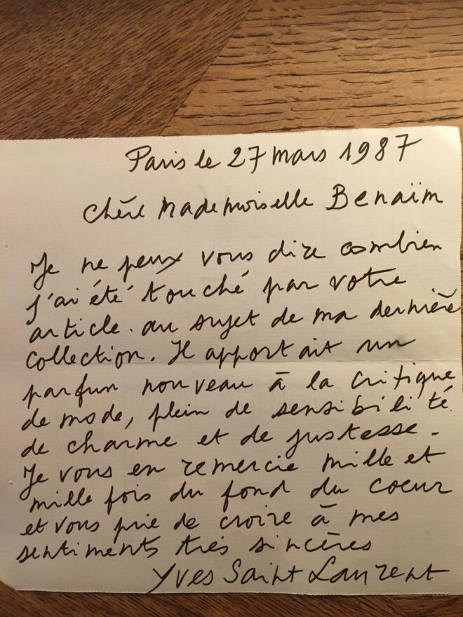 Yves Saint Laurent agradece a Laurence Benaïm a publicação de um artigo sobre a sua última coleção