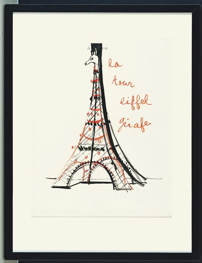 O desenho de Yves Saint Laurent a retratar a Torre Eiffel como uma girafa para o livro infantil ‘Le Diable à Paris’, de Jacques Damase, que nunca chegou a ser publicado