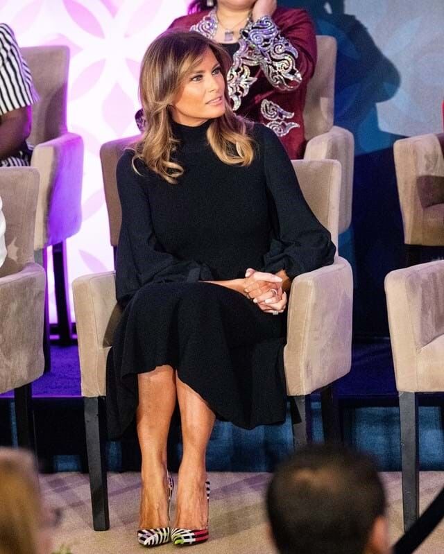 Na cerimónia International Women of Courage Awards em Washington D.C., a 4 de março de 2020, a primeira-dama escolheu os saltos So Kate Cinestripes da marca Christian Louboutin com o vestido preto Akris, que custa €2190
