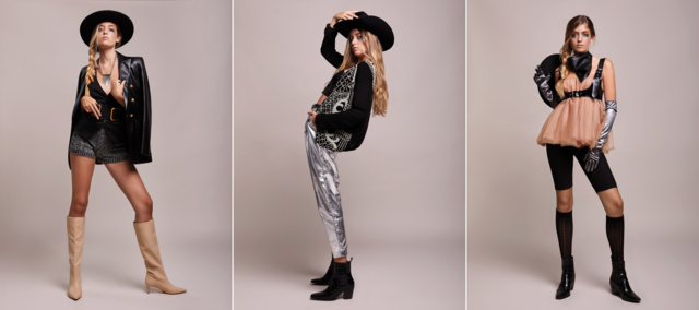 Look 1: Top, luvas e chapéu, Peris; Calções e lenço, Zara; Arnês, meias e botas, produção | Look 2: Casaco, cinto e botas, produção; Calças Zara; Chapéu Peris; Casaco, calções, cinto e botas, Zara; Colete e colar, produção; Chapéu Peris;Look 3:
