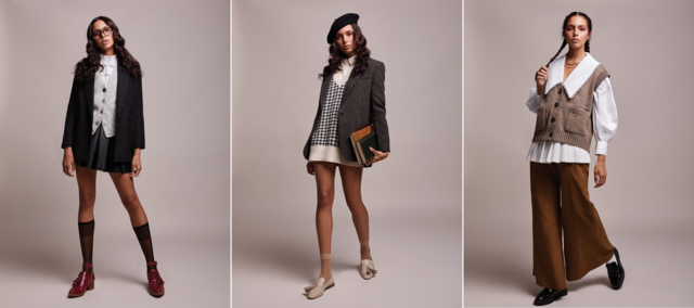 Look 1: Camisa e blazer: ba&sh Paris Colete e mocassin: Zara Boina: Benetton Meia: da produção; Look 2: Camisa, cardigan e blazer: ba&sh Paris Saia: Pull&Bear Óculos e meia: da produção Sapato: Alexandre Herchcovitch para Esdra; Look 3: Camisa, colete e colar: Zara Saia: Peris costumes Calça: Nonni Studio Meia e mocassin: da produção