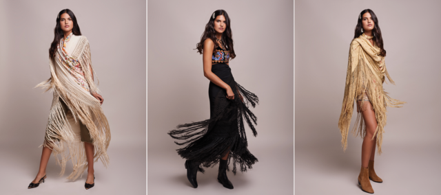 Look 1: Mantón bordado com flores, saia, colar, brincos e pormenor do cabelo da produção Botas: Zara; Look 2: Colete bordado, Mantón preto, colares e pormenor do cabelo da produção Botas: Zara; Look 3: Mantón bordado chinês, brincos e pormenor do cabelo da produção Bermudas Deby Debo Sapatos: Zara