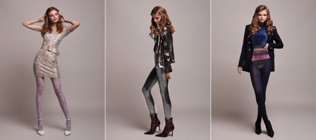 Look 1: Vestido de festa Green Coast Collant Oroblù Sapatos com tacão Bershka Cinto e brincos Sfera Bracelete egípcia Peris; Look 2: Blazer com brilho Hôtel Particulier Calça e botas Zara Top Bershka; Look 3: Blazer Zara Metallic T-shirt Berska Fato de banho Oysho Collant Oroblù Sapatos Peris