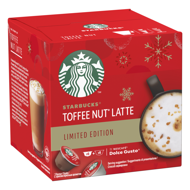 Pack 12 cápsulas Toffee Nut Latte, €4,31, Starbucks (compatível com máquinas Dolce Gusto) em dolce-gusto.pt.