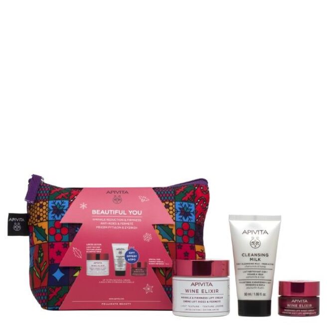 Coffret Wine Elixir, com creme de dia, leite de limpeza 3 em 1 e creme de noite, €35,49, Apivita