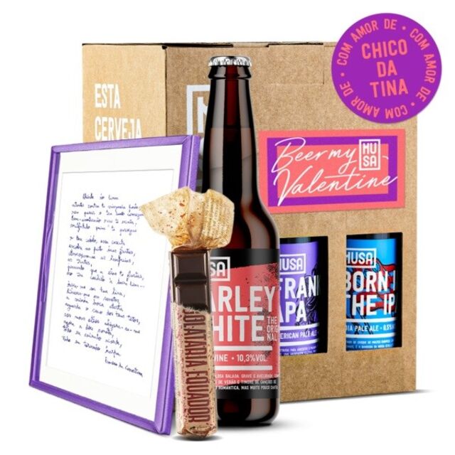 Pack 6 cervejas + pirolito de chocolate negro e caramelo explosivo + carta de amor escrito por um artista (Conan Osiris, o Chico da Tina, a Cláudia Guerreiro dos Linda Martini), €14,90, Cerveja Musa