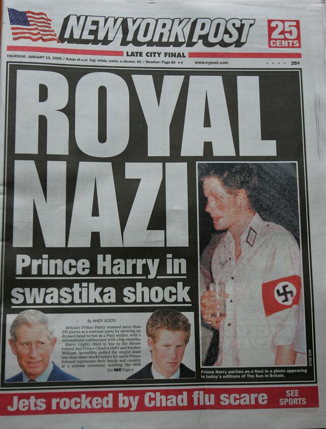 Harry foi capa de jornais quando compareceu a uma festa disfarçado de nazi.