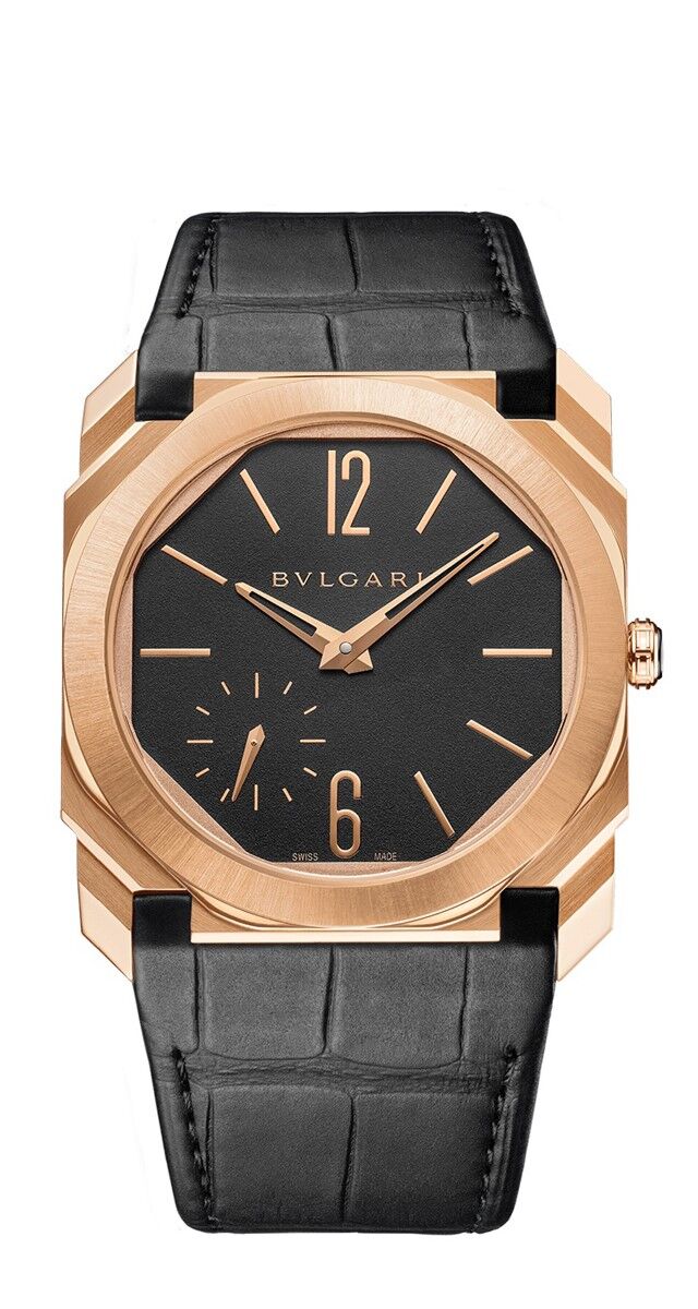 Relógio Octo Finissimo Automatic, com caixa em ouro rosa com bracelete em pele de jacaré, € 23.100, Bulgari