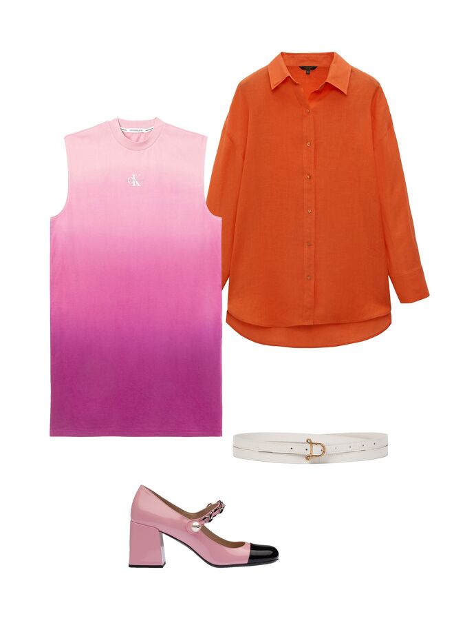 Vestido em algodão, €69,99, Calvin Klein. Camisa em Rami, € 49,95, Massimo Duti. Cinto em pele, €265, Altuzarra em Mytheresa.com. Pumps em pele, € 690, Miu Miu. 