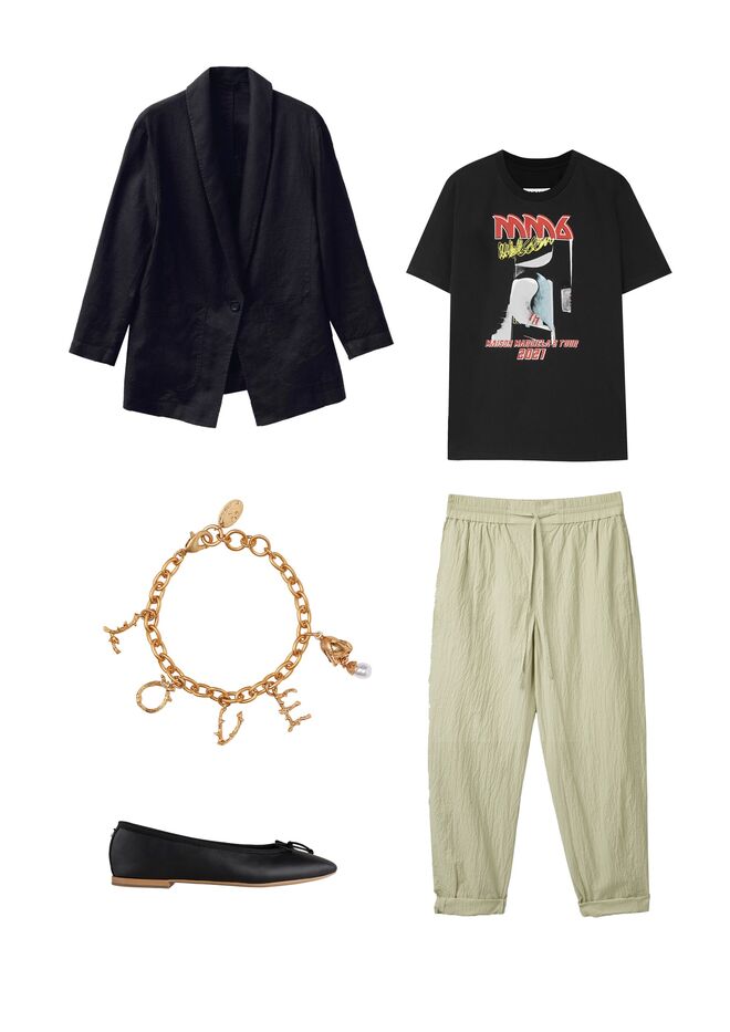 Casaco em linho, €79,95, Benetton. T-Shirt em algodão, €190, MM6 MaisonMargiela em Net-a-porter.com. Calças em algodão, €69, Cos. Colar em metal, €19,99, Brock Collection x H&M. Bailarinas em pele, €149, Josefinas